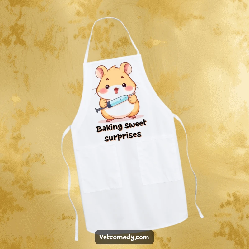 Funny hamster doctor apron, a cheerful hamster holding a syringe and offering a tiny lollipop, ready for kitchen duty. A funny kitchen gift.