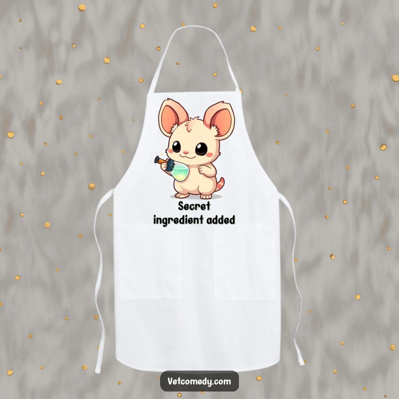 Funny apron with a creature with large, curious ears holding a miniature syringe filled with sparkling liquid, kitchen accessory, whimsical chef humor.
