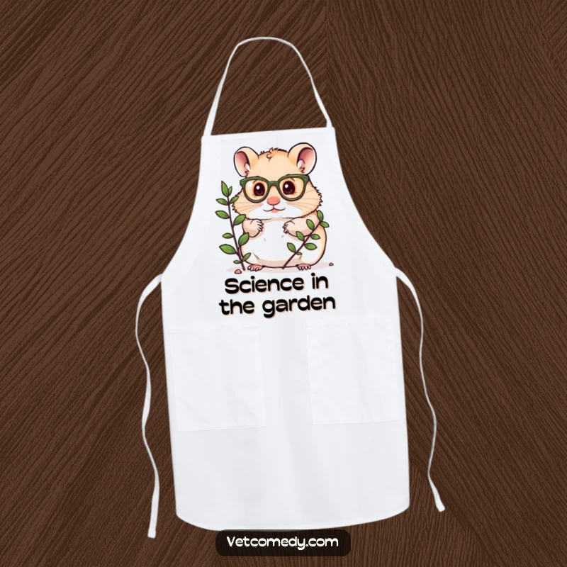 Funny apron showcasing a hamster in tiny glasses, studying a plant, ideal for kitchen protection with humor.