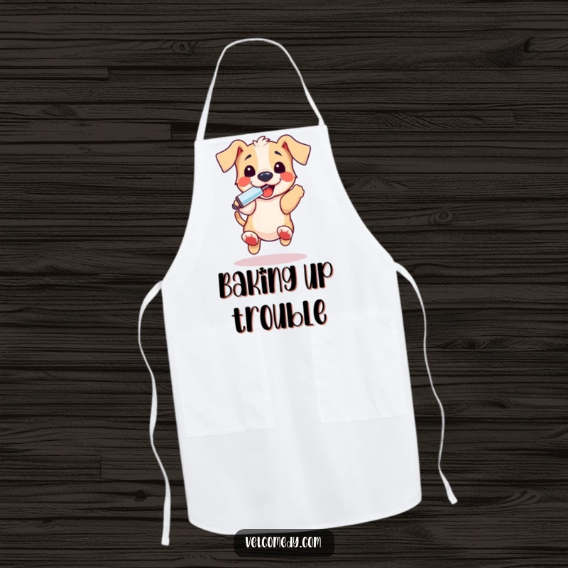 Funny puppy thermometer apron, a playful dog excitedly holding a thermometer in its mouth, ready for kitchen adventures. A funny kitchen gift.