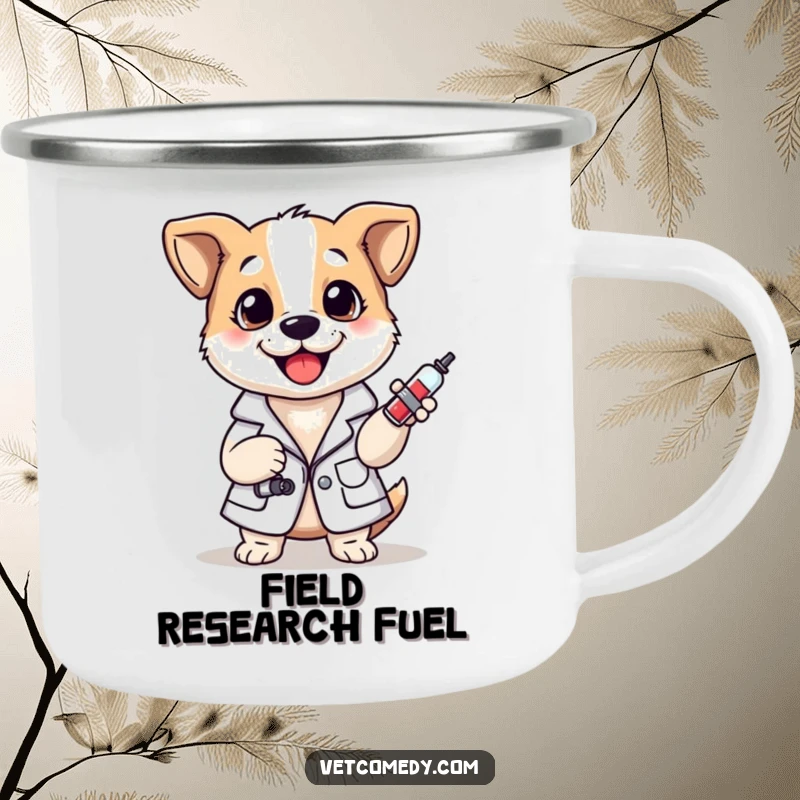 Funny camping mug featuring a cheerful dog in a lab coat holding a small syringe, outdoorsy and cute.