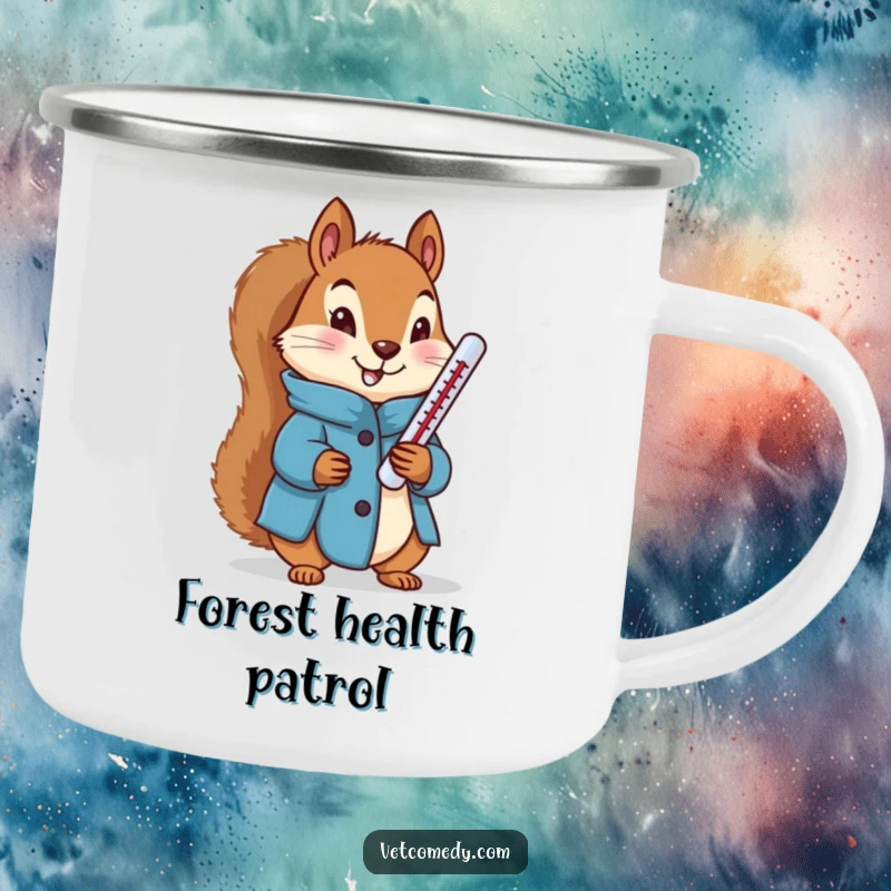 Funny camping mug featuring a determined squirrel in a blue coat holding a thermometer, designed for outdoor health checks.