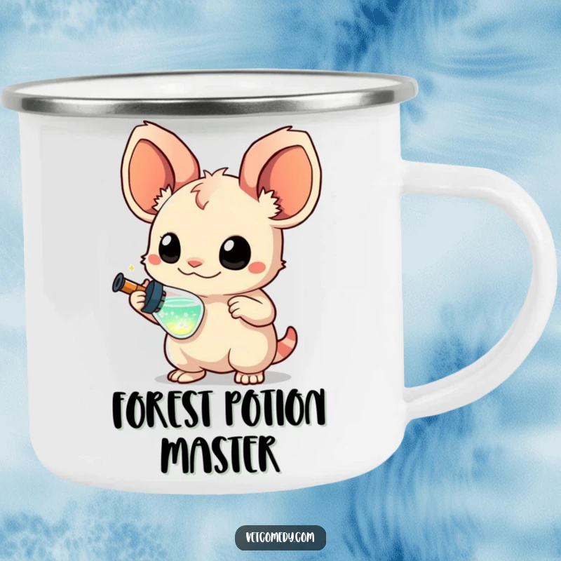 Funny camping mug with a creature with large, curious ears holding a miniature syringe filled with sparkling liquid, durable outdoor mug, whimsical theme.