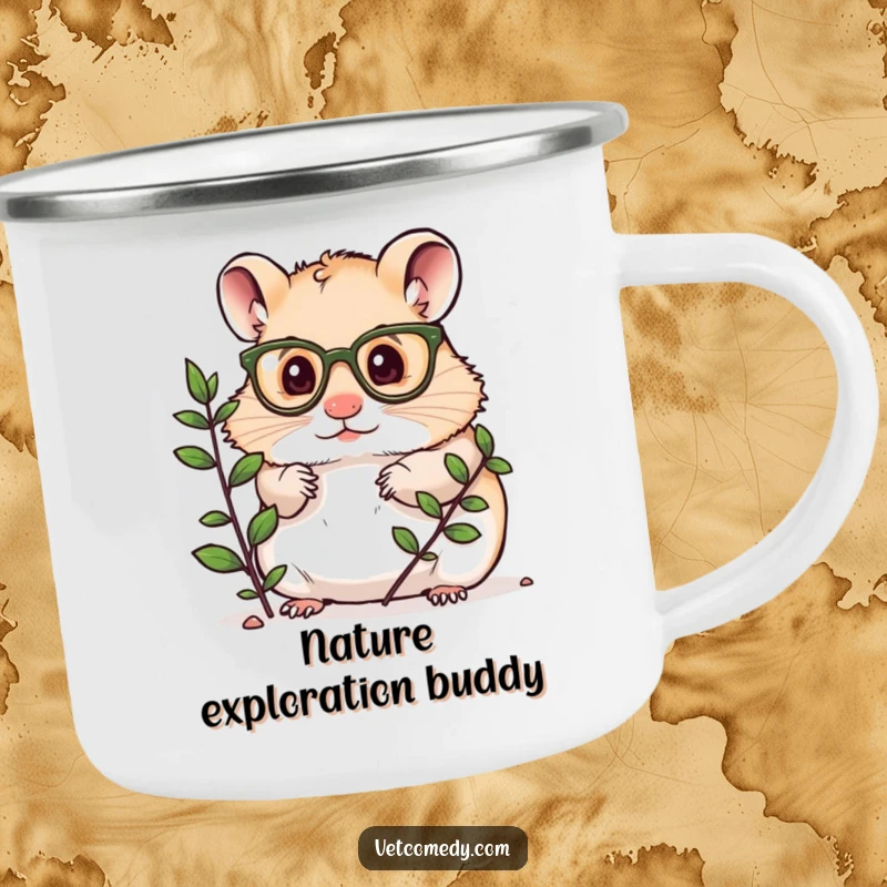Funny camping mug featuring a hamster in small glasses examining a plant, designed for outdoor exploration and humor.