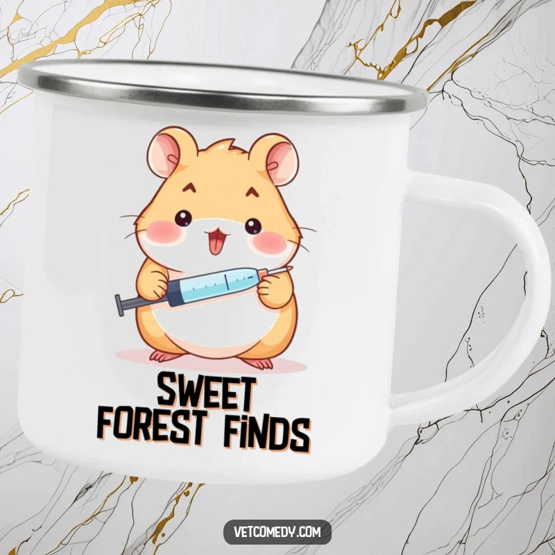 Funny hamster doctor camping mug, a cheerful hamster holding a syringe and offering a tiny lollipop, ready for the outdoors. A fun gift.