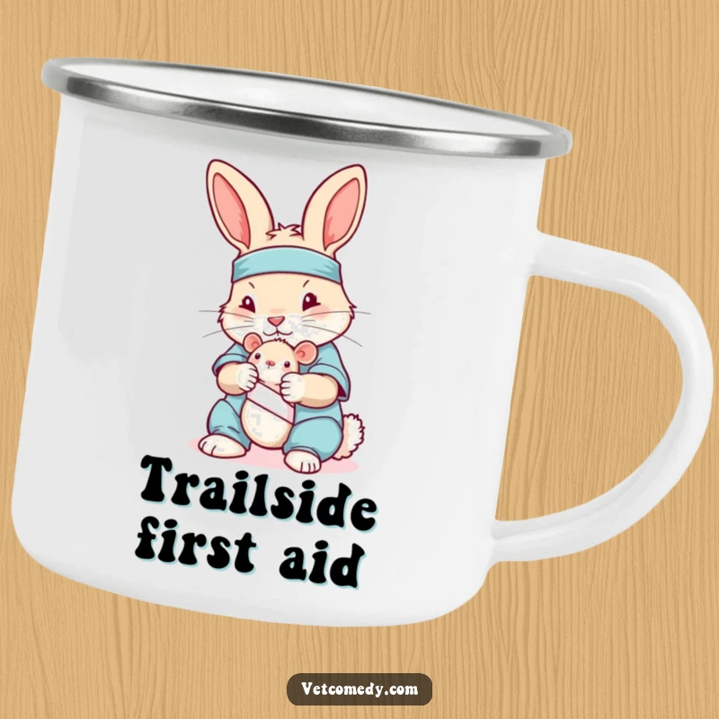 Funny camping mug featuring a rabbit in scrubs bandaging a toy mouse, designed for outdoor comfort and humor.