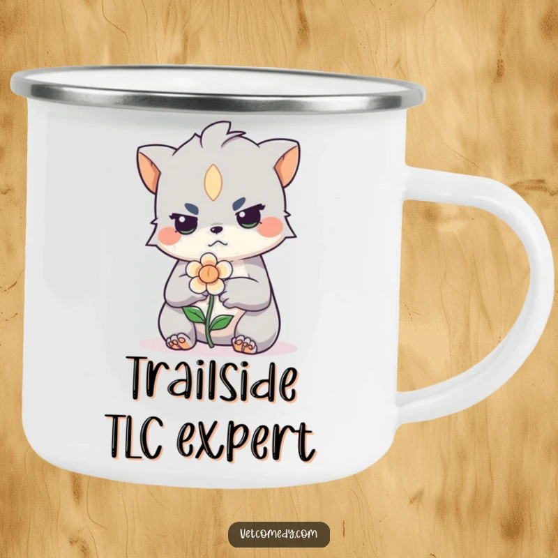 Funny, durable camping mug with a determined creature bandaging a tiny flower. Ideal for outdoor enthusiasts seeking humor.