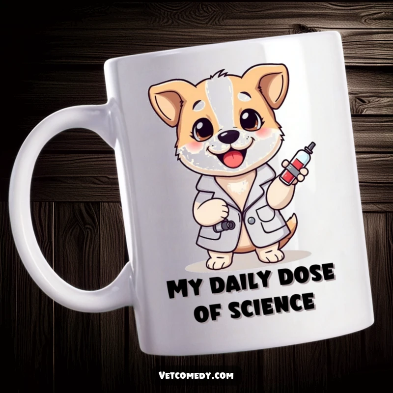 Funny dog in a lab coat, holding a small syringe with a cheerful expression, perfect for vet offices and dog lovers.
