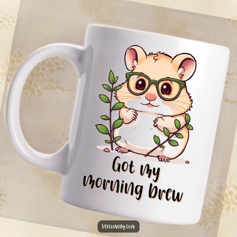Funny mug featuring a curious hamster wearing tiny glasses, examining a small plant with intense focus and wonder.