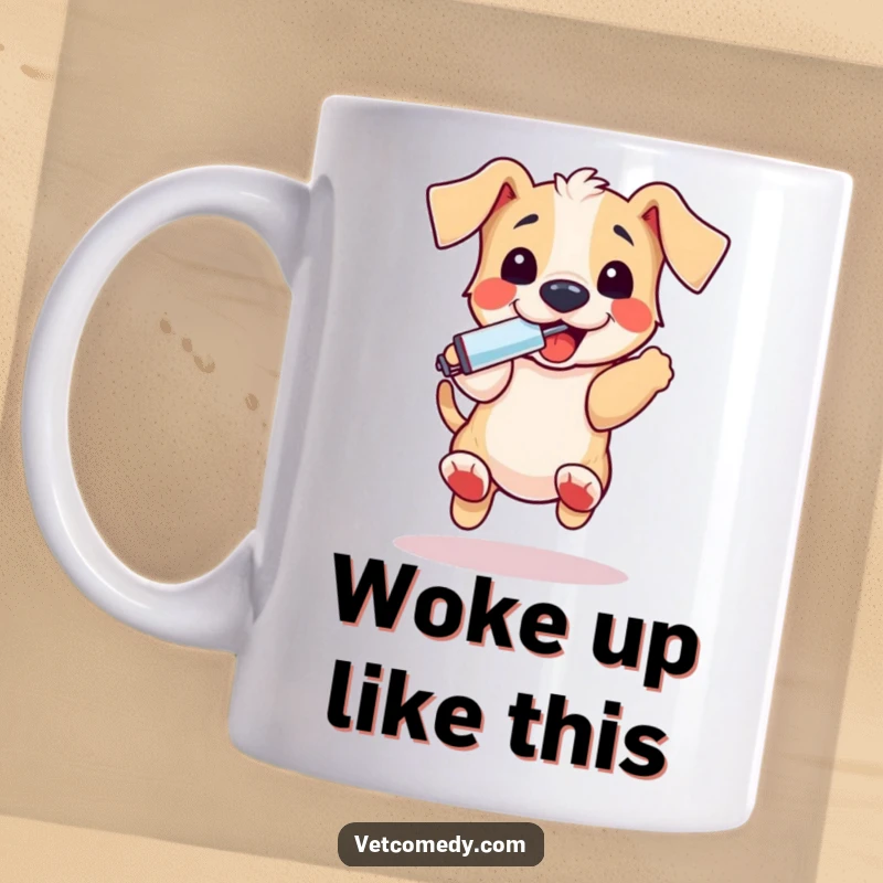 Funny puppy thermometer mug, a playful dog bouncing excitedly with a thermometer in its mouth, showcasing canine joy and health consciousness. A fun gift.