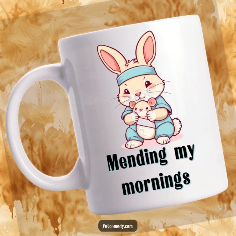 Funny mug featuring a playful rabbit wearing medical scrubs, gently applying a bandage to a toy mouse.