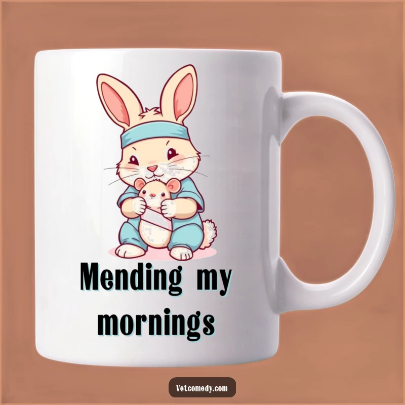 Funny Rabbit Nurse Mug: Playful Scrubs Bunny Bandaging Toy Mouse, Perfect Funny Gift