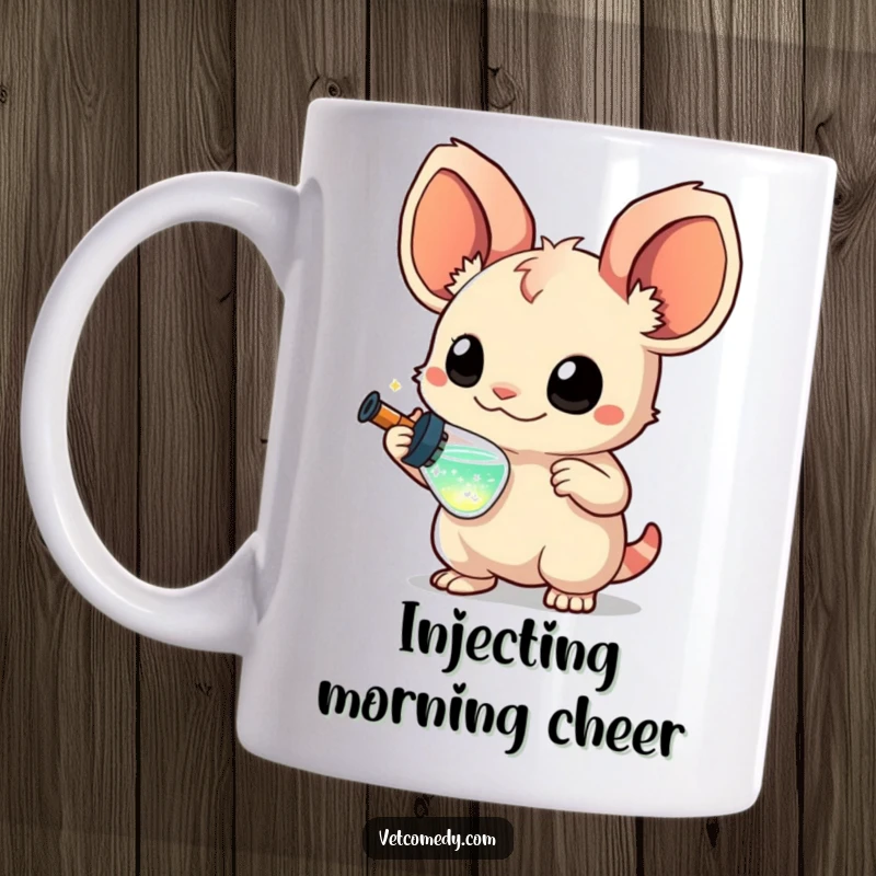 Funny mug showing a creature with large, curious ears holding a miniature syringe filled with sparkling liquid, whimsical humor, curious animal.