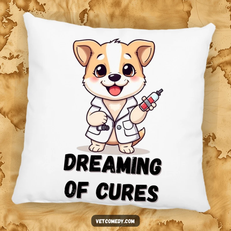 Funny pillow featuring a cute dog wearing a lab coat and holding a tiny syringe, offering comfort and humor.