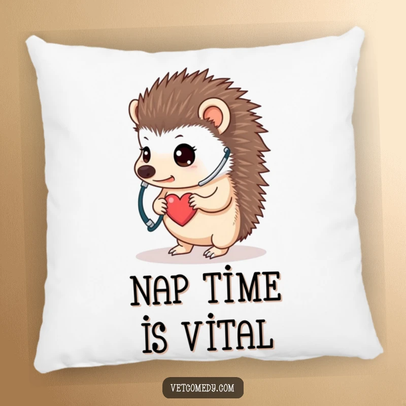 Funny hedgehog doctor pillow, a determined little animal using a stethoscope to listen happily to its own tiny heart, adding comfort and cheer. Perfect funny gift.