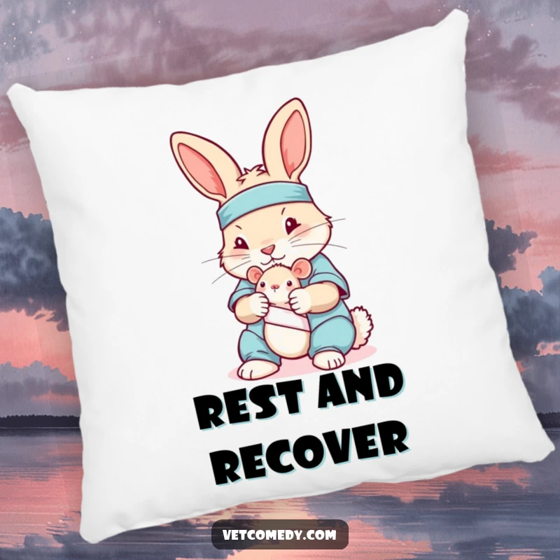 Funny pillow featuring a nurse rabbit in scrubs, caring for a toy mouse, perfect for comforting decor.