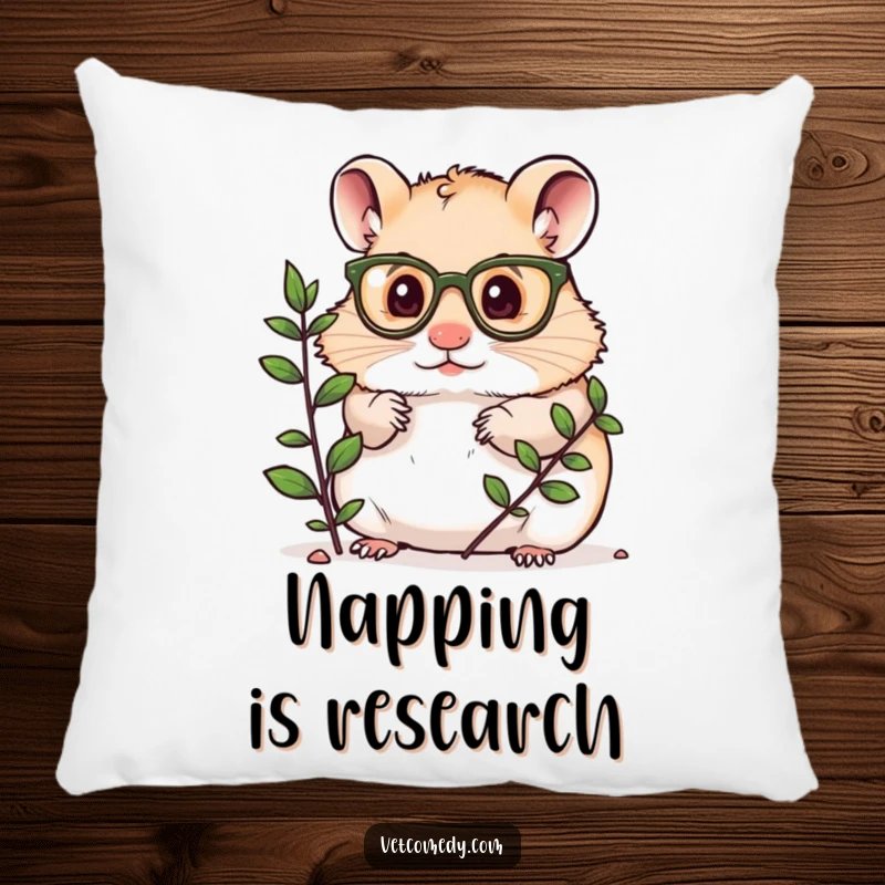 Funny pillow featuring a hamster in glasses examining a plant, offering comfort and a touch of nerdy charm.