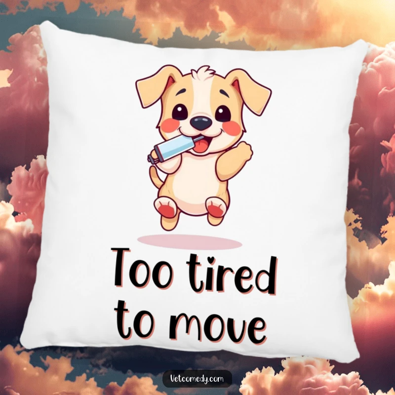 Funny puppy thermometer pillow, a playful dog bouncing excitedly holding a thermometer in its mouth, offering comfort and cheer. Perfect funny gift.