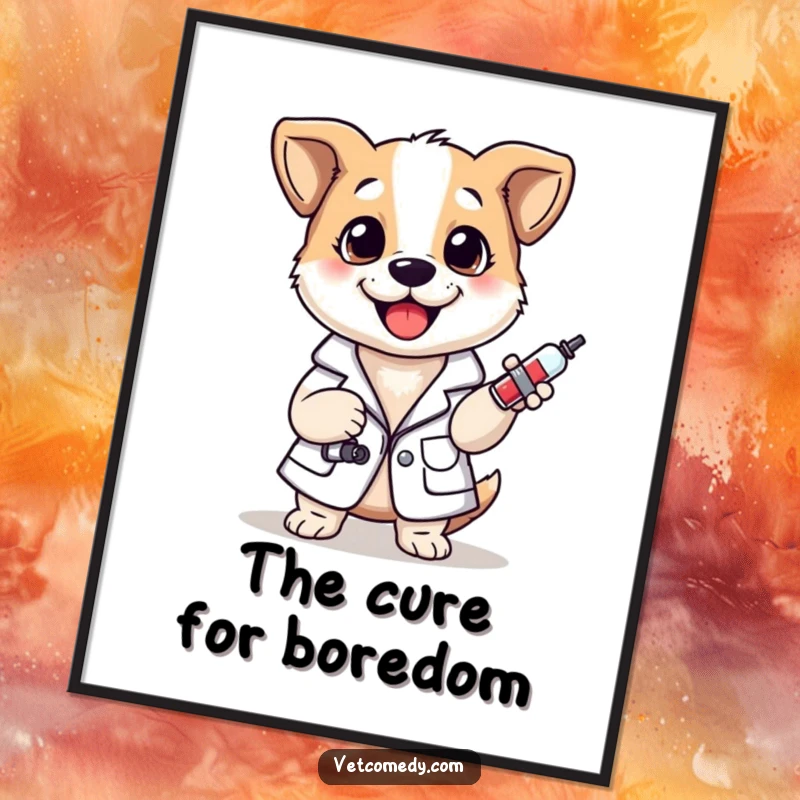 Funny digital art of a cheerful dog in a doctor's lab coat, holding a small syringe, ready for printing.