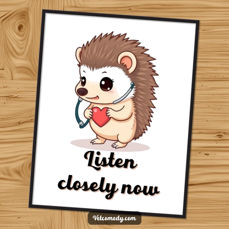 Funny hedgehog doctor digital art, a determined little animal with a stethoscope listening to its own tiny heart, perfect for immediate wall decor. A funny gift.
