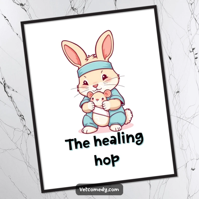 Funny digital art of a rabbit in scrubs bandaging a toy mouse, ready for instant download and printing.