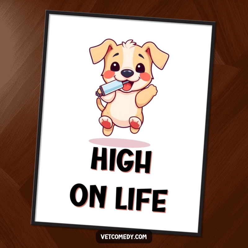 Funny puppy thermometer digital art, a playful dog bouncing excitedly with a thermometer in its mouth, perfect for immediate wall decor. A funny gift.