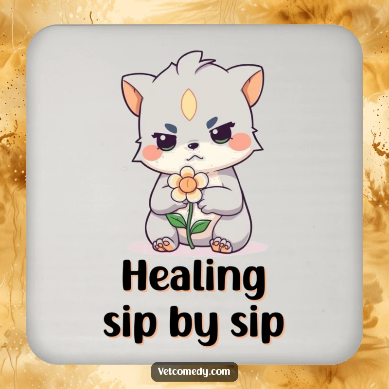 Funny drink coaster featuring a creature bandaging a small flower. Protects surfaces with a humorous and cute illustration.
