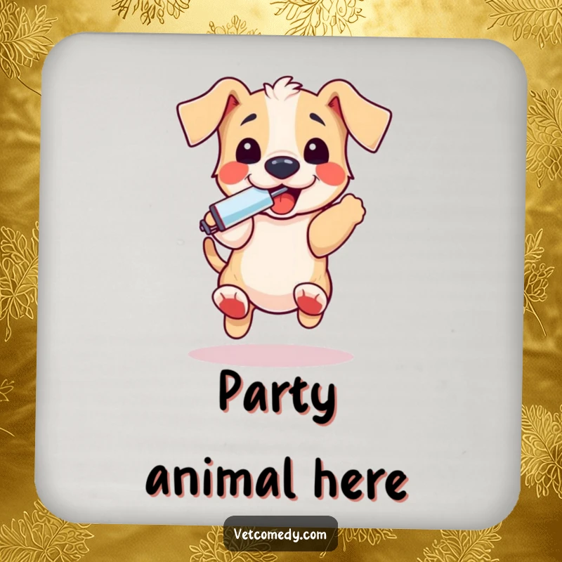 Funny puppy thermometer coaster, a playful dog bouncing excitedly with a thermometer in its mouth, protecting surfaces. A cute funny gift.