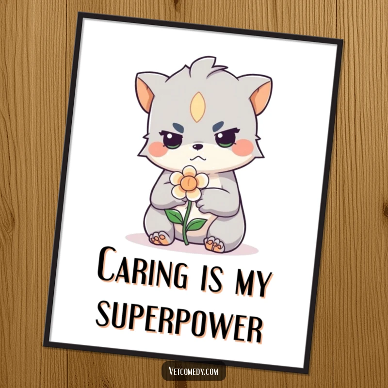 Funny poster art of a determined creature with a bandage, caring for a small, wilting flower. Humorous and heartwarming wall decor.