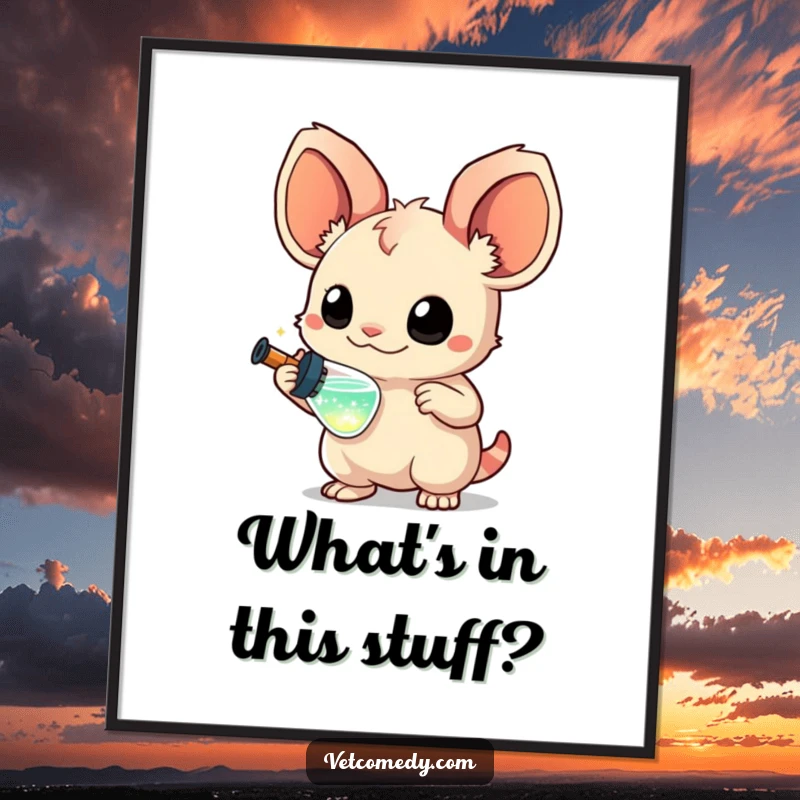 Funny poster art of a creature with large, curious ears holding a miniature syringe with sparkling liquid, whimsical wall decor, curious animal illustration.