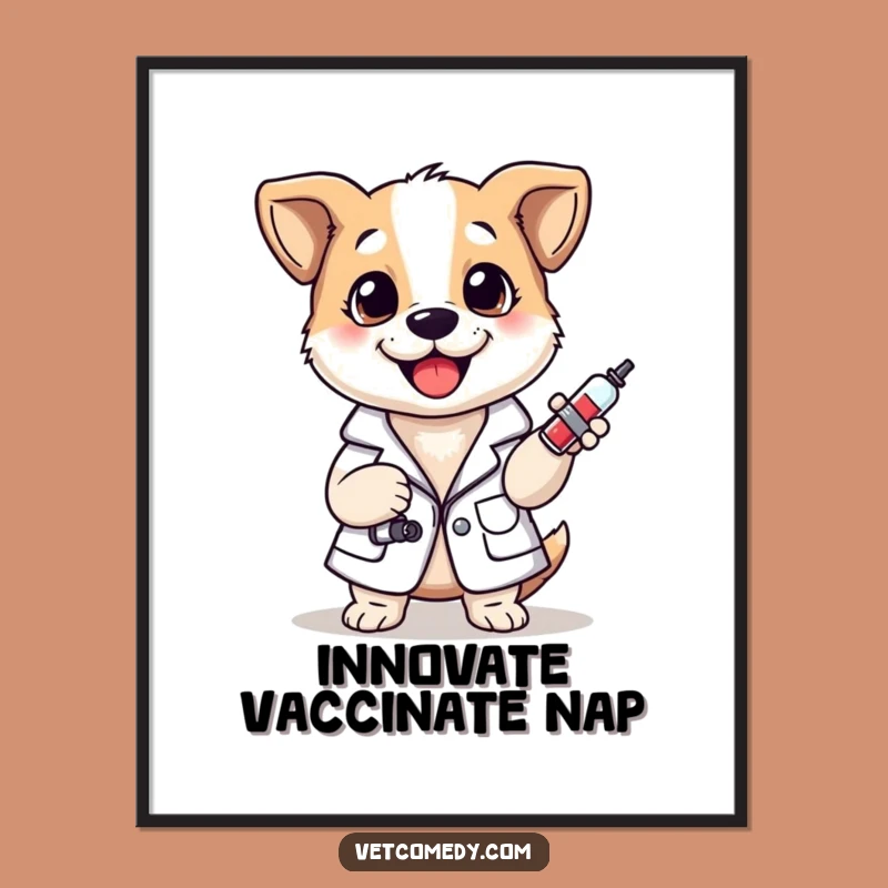 Funny Dog Vet Poster: Cheerful Lab Coat Pup With Syringe Wall Art, Funny Gift