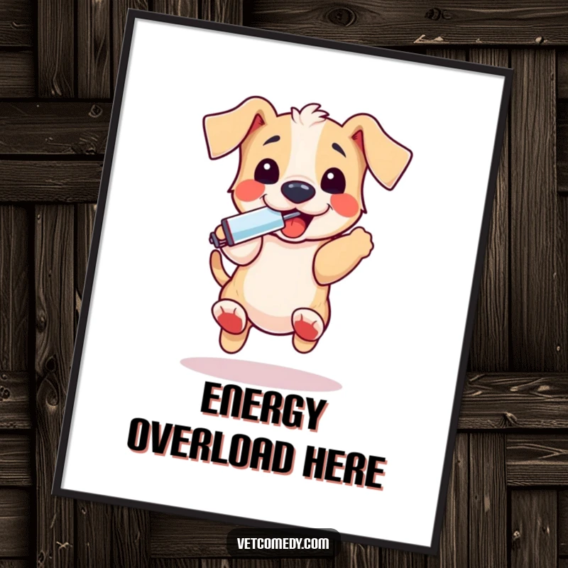 Funny puppy thermometer poster, a playful dog bouncing excitedly with a thermometer in its mouth, radiating happiness. A fun art gift.