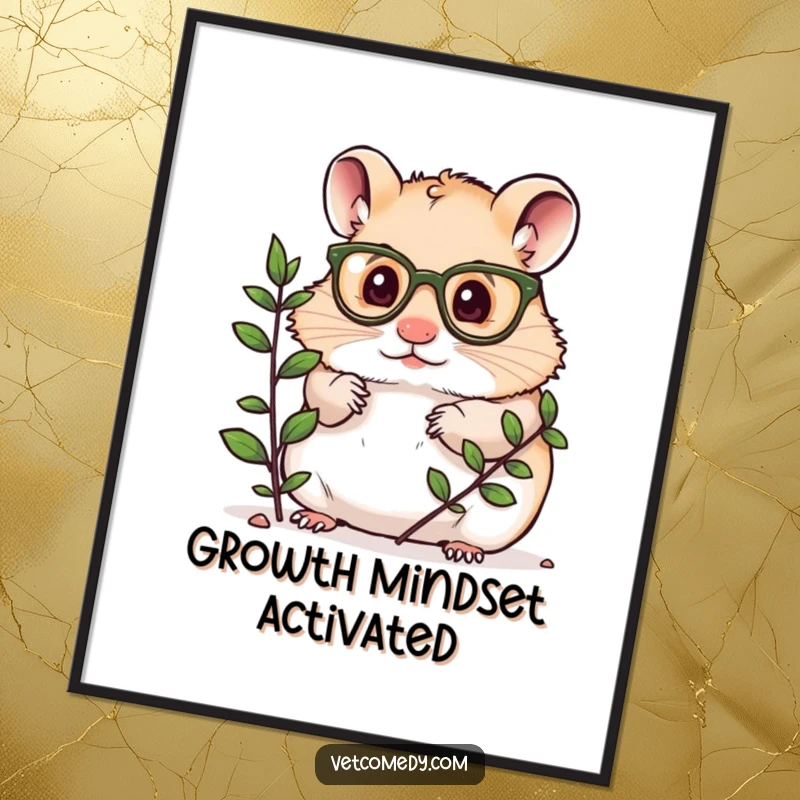 Funny poster showing a hamster wearing small glasses, investigating a plant, perfect for home or office decor.