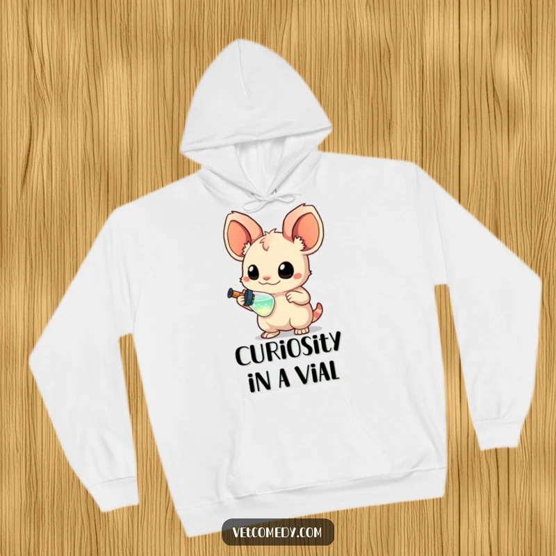 Funny hoodie with a creature with large, curious ears holding a miniature syringe filled with sparkling liquid, cozy whimsical apparel, humorous illustration.