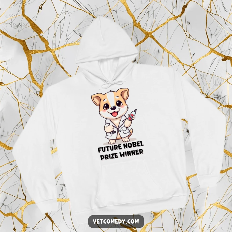 Funny hoodie showcasing a happy dog in a doctor's lab coat, holding a tiny syringe, ideal for cold days.