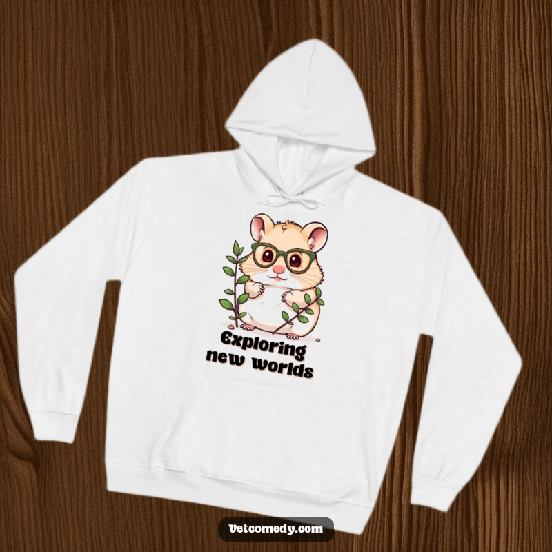 Funny hoodie featuring a hamster wearing miniature glasses, closely examining a potted plant, perfect for cozy study sessions.