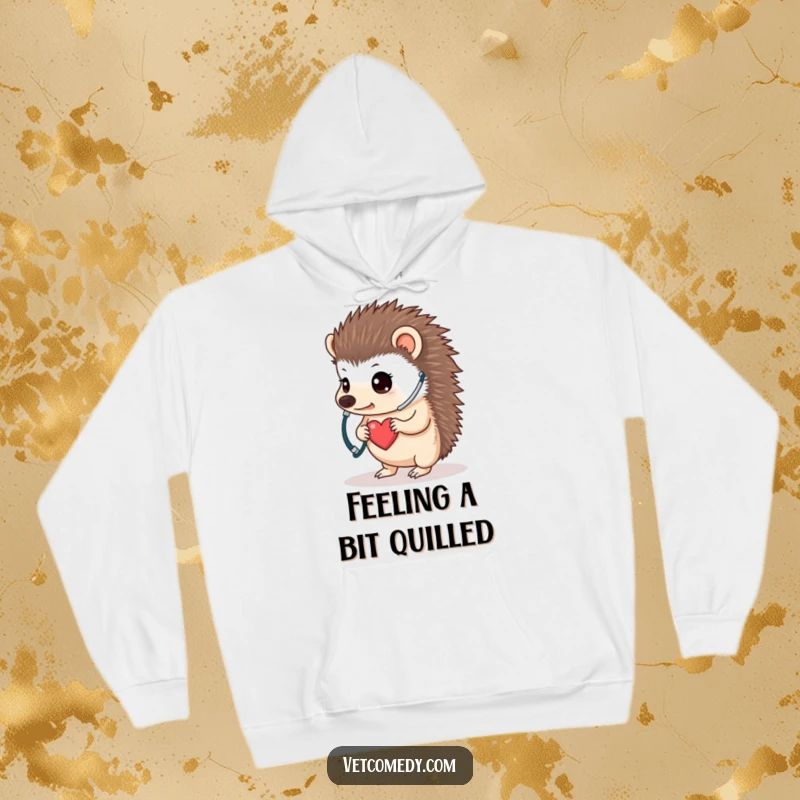 Funny hedgehog doctor hoodie, a determined little animal with a stethoscope listening to its own tiny heart, offering warmth and a comical touch. Ideal funny gift.