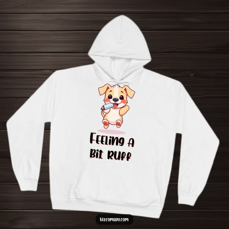 Funny puppy thermometer hoodie, a playful dog bouncing excitedly with a thermometer in its mouth, offering warmth and canine charm. Great funny gift.