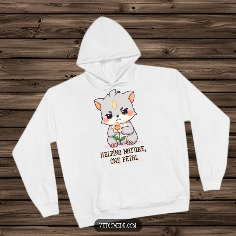 Funny hoodie with a determined creature carefully bandaging a small, delicate flower. Cozy, humorous, and heartwarming wearable art.