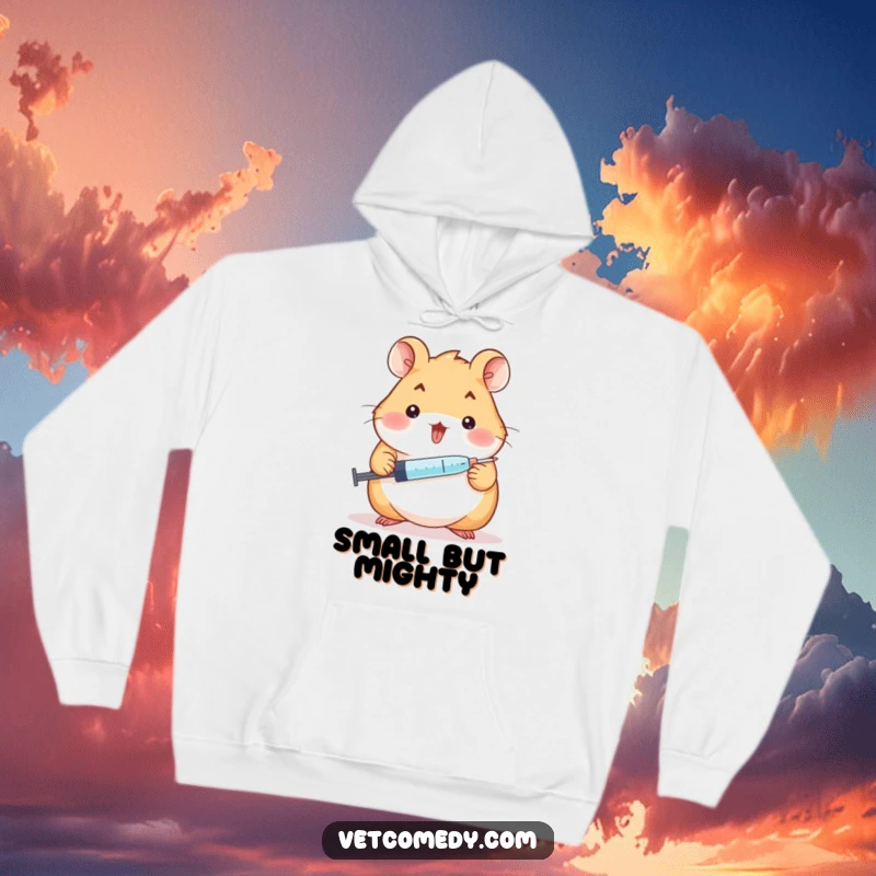 Funny hamster doctor hoodie, a cheerful hamster holding a syringe and offering a tiny lollipop, providing warmth and sweetness. Great funny gift.