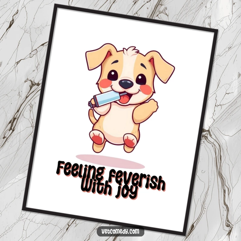 Funny Free Printable Puppy Wall Art, a playful puppy bouncing with a thermometer in its mouth, DIY decor.