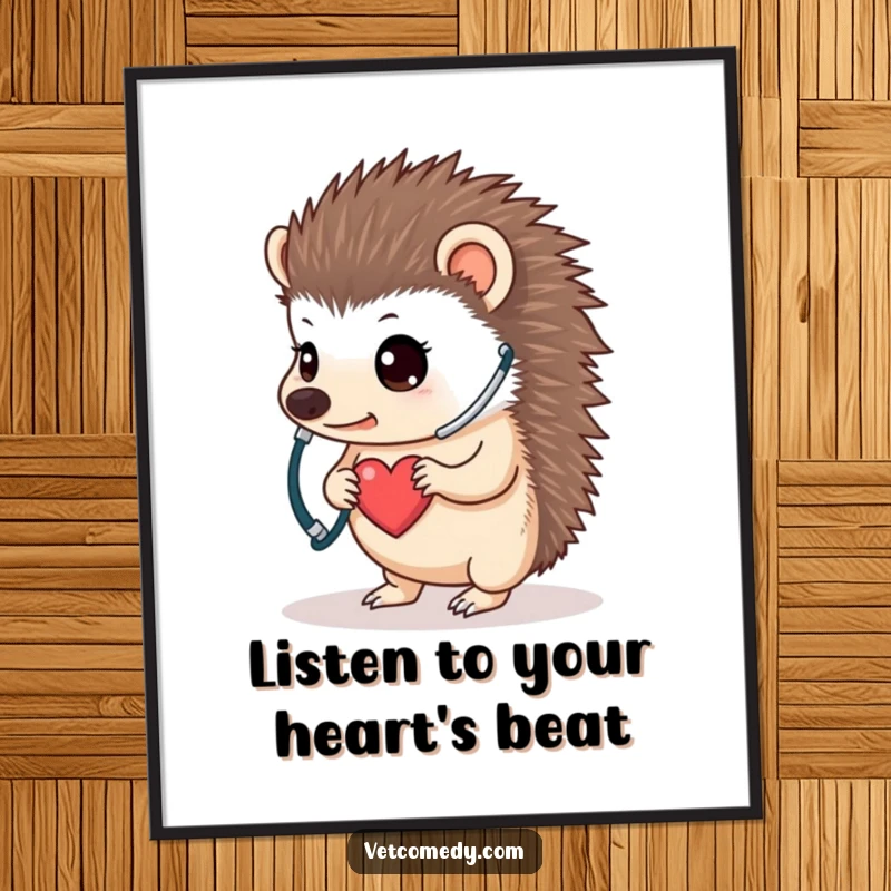 Funny Free Printable Hedgehog Wall Art, a determined hedgehog with a stethoscope, listening to its own heart, DIY decor.