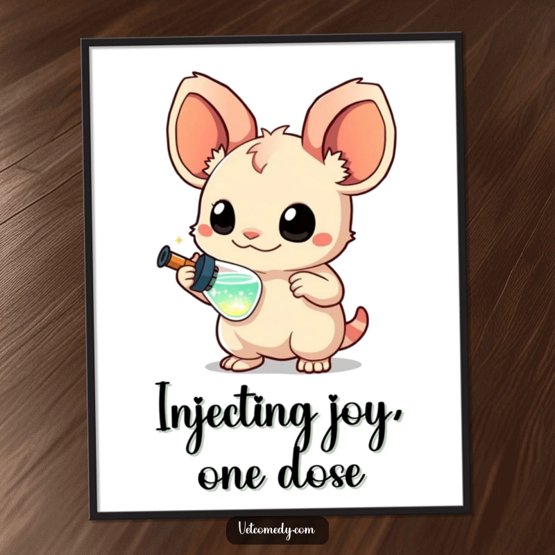 Funny Free Printable Wall Art: Creature with large, curious ears holds a miniature syringe filled with sparkling liquid.