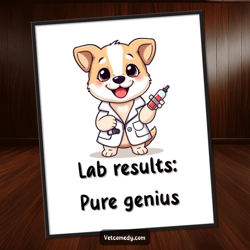 Funny Free Printable Wall Art: Cheerful dog wearing a lab coat, holding a small syringe with a quirky expression.