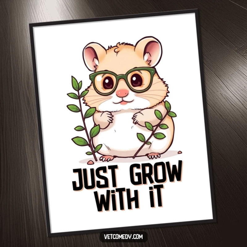Funny Free Printable Wall Art: A small hamster wearing glasses, curiously inspecting a green plant.