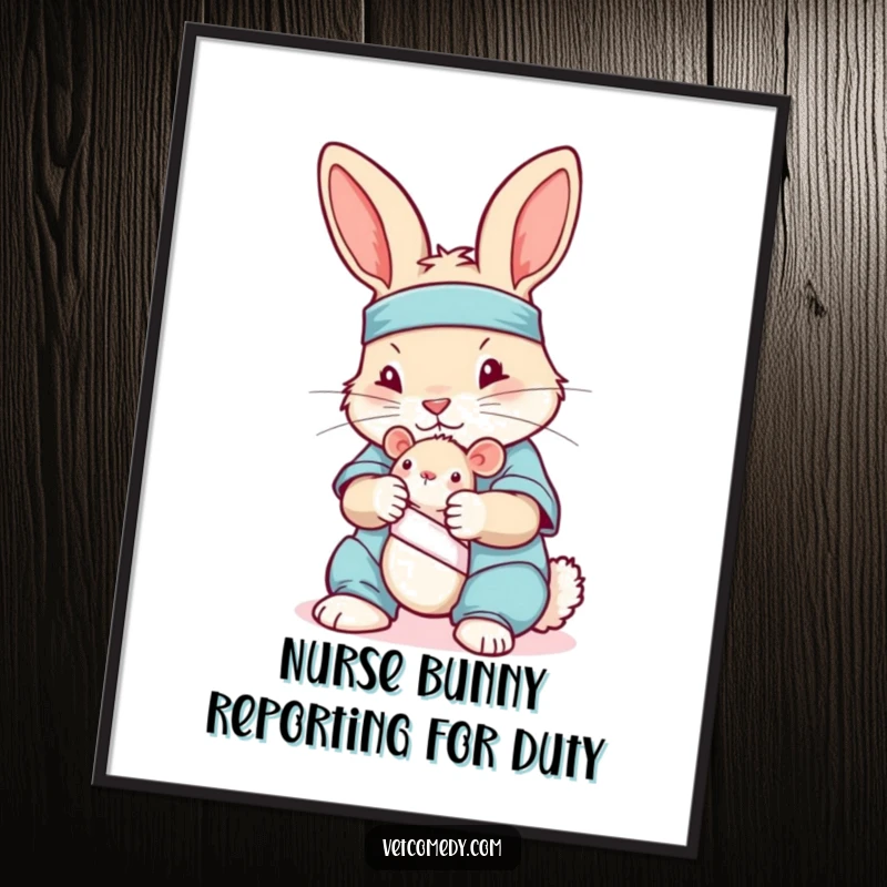 Funny Free Printable Wall Art: A rabbit wearing scrubs, gently applying a bandage to a toy mouse.