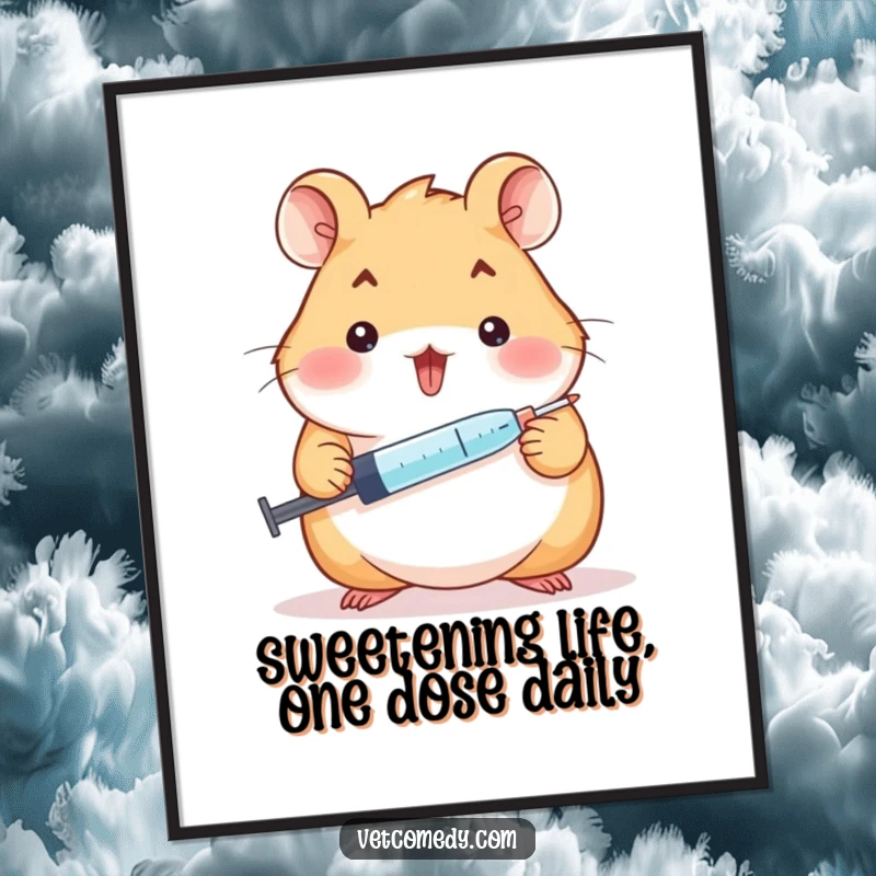 Funny Free Printable Hamster Wall Art, a cheerful hamster holding a syringe and a tiny lollipop, DIY decor.