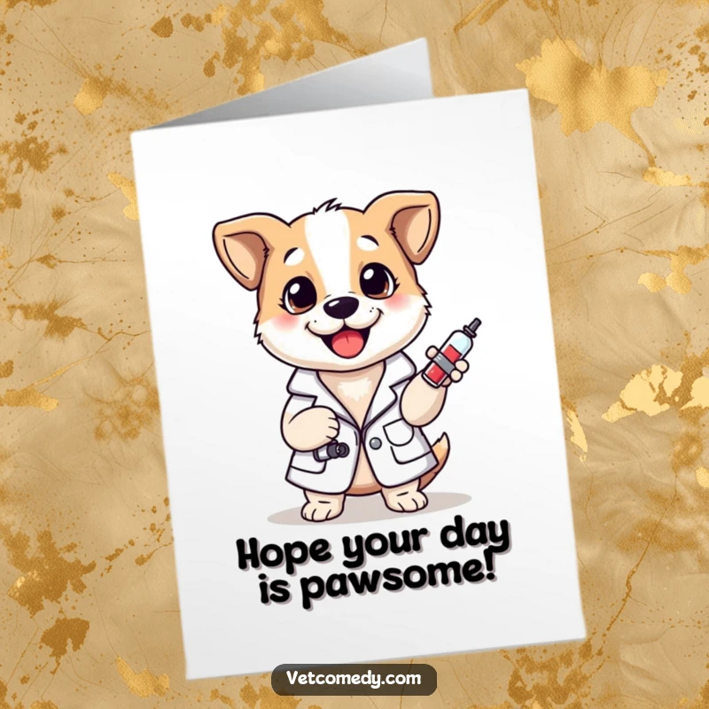 Funny Free Printable Birthday Card: Cheerful dog vet in lab coat holding syringe, ready for a birthday injection of fun.