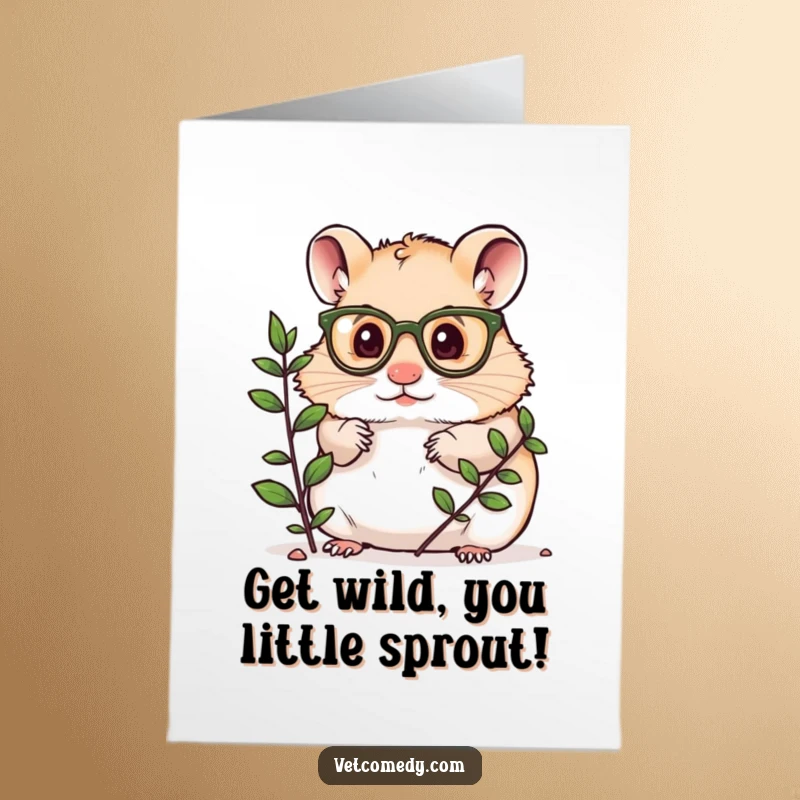 Funny Free Printable Birthday Card: Curious hamster wearing tiny glasses, intently examining a small plant.