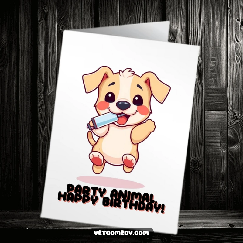 Funny Free Printable Puppy Birthday Card, excited puppy with thermometer, joyful bouncing, DIY downloadable art.